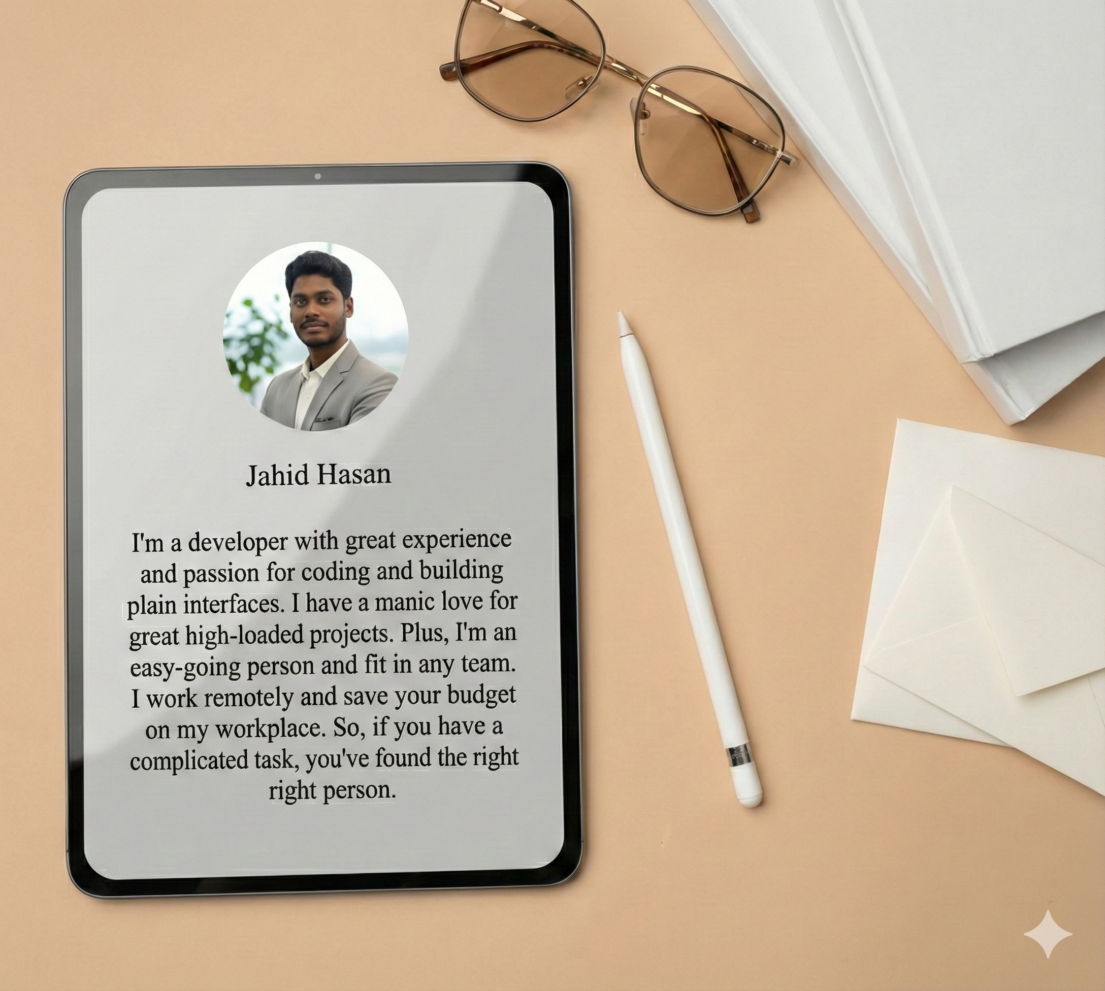 Digital tablet on a beige desk with a stylus and eyeglasses, displaying a black-and-white profile photo and text.
